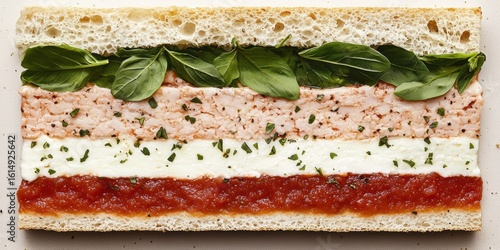 A sandwich featuring fresh basil leaves, a layer of tuna salad, creamy cheese spread, and tomato sauce on whole grain bread.