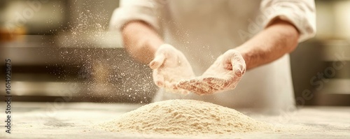 A person claps flour-covered hands above a mound of flour in a kitchen, creating a cloud of flour dust.