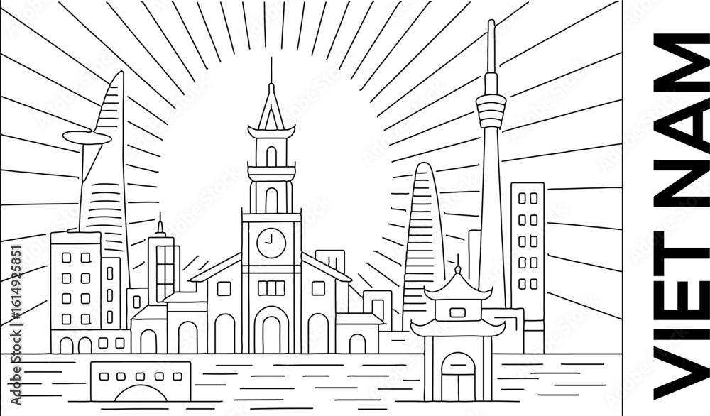 Fototapeta premium Black and White Line Art Illustration of Vietnam Cityscape with Landmarks