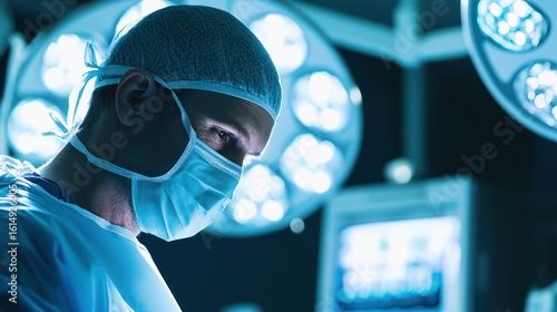 Surgeon wearing mask/cap under bright lights, serious expression, focus