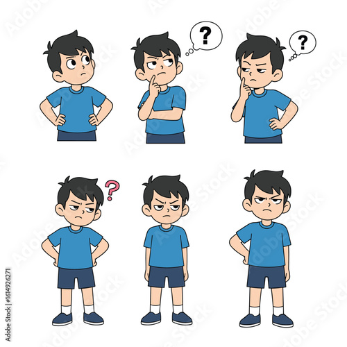 Young boy with confused thinking poses and doubtful facial expressions showing stages of pondering difficult questions and seeking answers