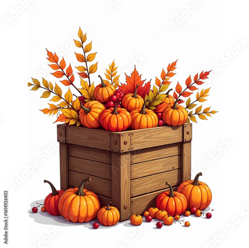 Autumn harvest with wooden box of pumpkins and autumn leaves