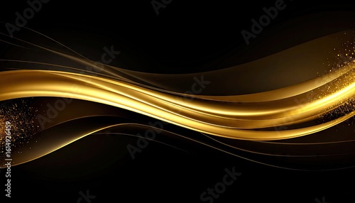 Abstract Gold Stream Flowing Across a Dark Glossy Background with Sparkles and Elegant Design