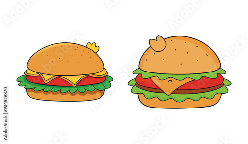 Two hand drawn style cheeseburgers with lettuce tomato and cheese isolated on white background