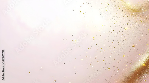 Delicate gold confetti on a soft pink background.  A swirling effect of golden particles with light flares