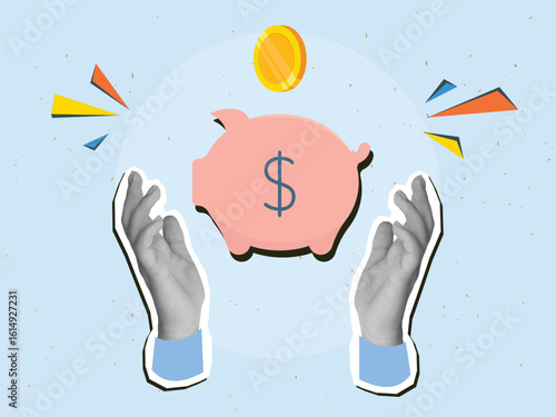 Black and white hands holding a piggy bank with a gold coin falling into it. Modern photo collage style. Vector illustration