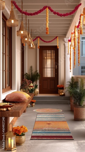 Beautifully decorated home entrance with flower garlands, lanterns, cushions and festive lights for Navaratri
