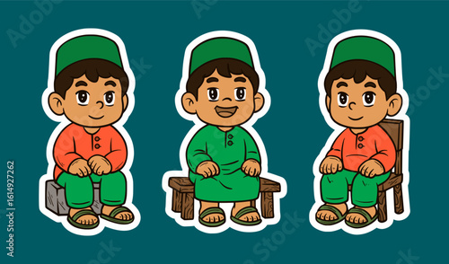 Muslim Kids in Traditional Attire Sitting and Smiling, Cute Cartoon Style