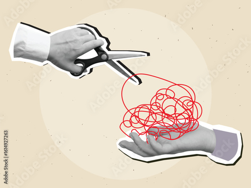 One hand cuts with scissors a red thread from tangled ball in other hand. Modern photo collage style. Vector illustration