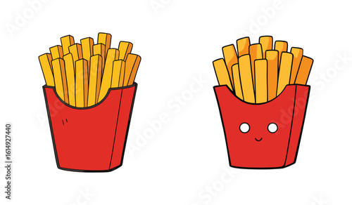 Two red cardboard containers filled with golden brown french fries isolated on white background