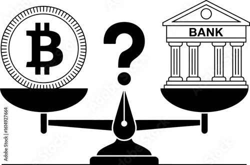A balance scale comparing a bitcoin coin and a bank building with a question mark above it alluding to finance