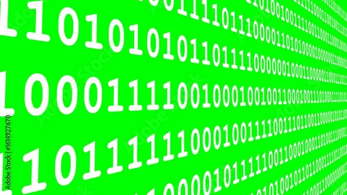 White running lines of computer binary code on isolated green screen, side view, chroma key, footage, mockup, loop