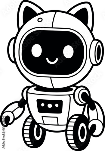 A charming black and white illustration of a cat robot hovering above a shadow on a white background