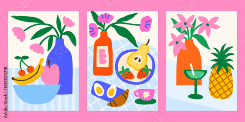 Summer still life vector posters set. Bright print designs with fruits, drinks, vases, flowers illustrations