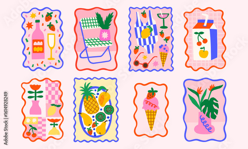 Summer vacation beach vector print designs. Bright tropical exotic fruits illustrations in wavy frames