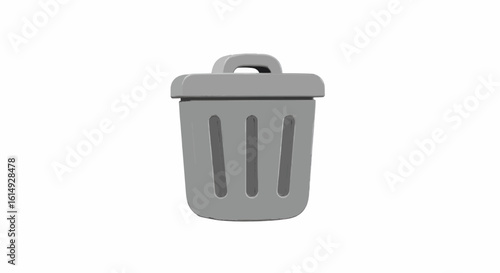 A gray cartoon trash can with a lid is centered on a white background.