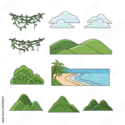 Collection of pixel art nature elements featuring tropical vines rolling green hills fluffy clouds a lush bush a beach scene and various mountain landscapes