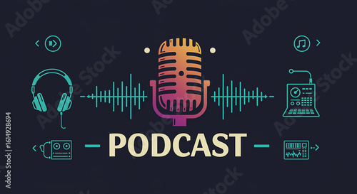 Podcast banner concept with a vibrant studio microphone, soundwave, and audio production icons. Illustration for broadcasting and digital media.