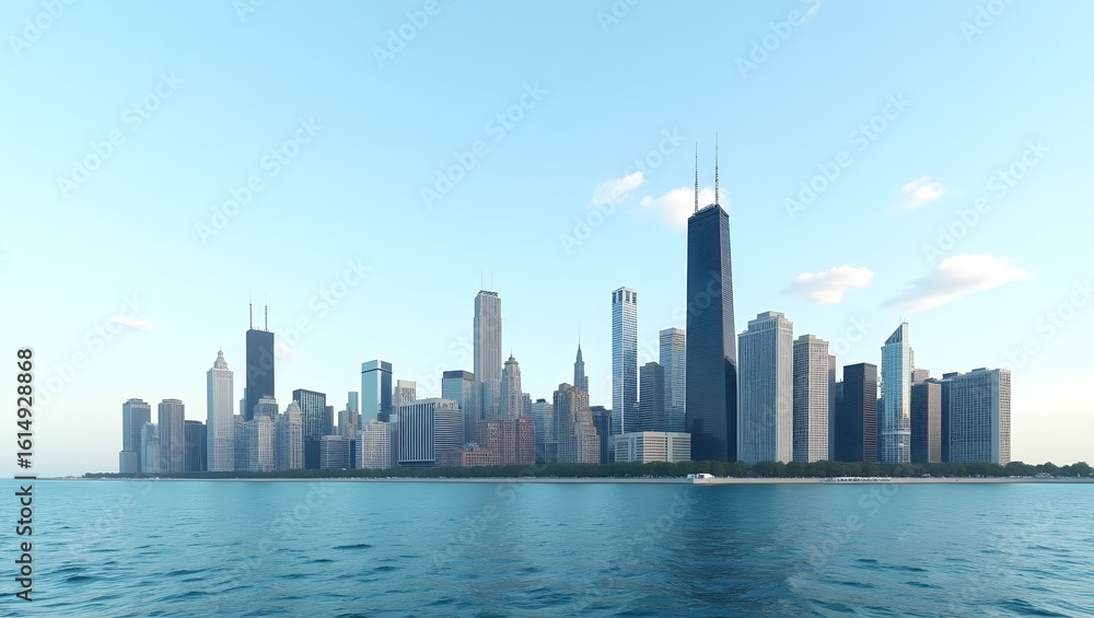 Naklejka premium Chicago skyline aerial drone view from above, lake Michigan and city of Chicago downtown skyscrapers cityscape bird's view from Lincoln park, Illinois, USA