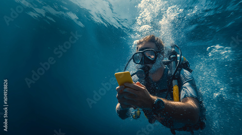 Wallpaper Mural Close-up of a male diver's hand using a smartphone device underwater in the deep blue sea during a summer vacation. Torontodigital.ca