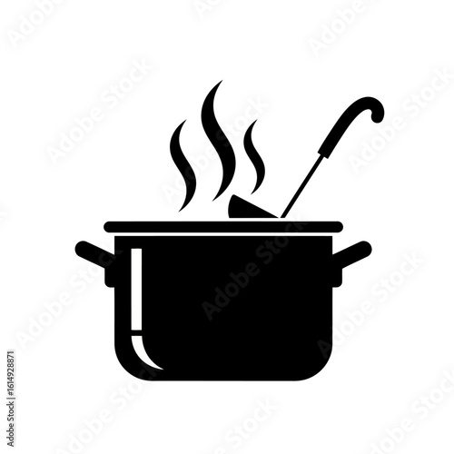 A pot of soup is steaming with a ladle inside, isolated on white background