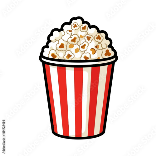 A bucket of popcorn with red and white stripes