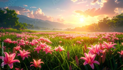 Vibrant pink lilies bloom in a vast field at sunset, mountains in the background (1)