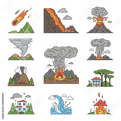 Natural disasters and catastrophic events illustrations showing environmental devastation and emergency preparedness actions for safety