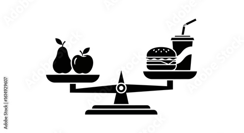 A black silhouette shows the balance between healthy fruits and fast food