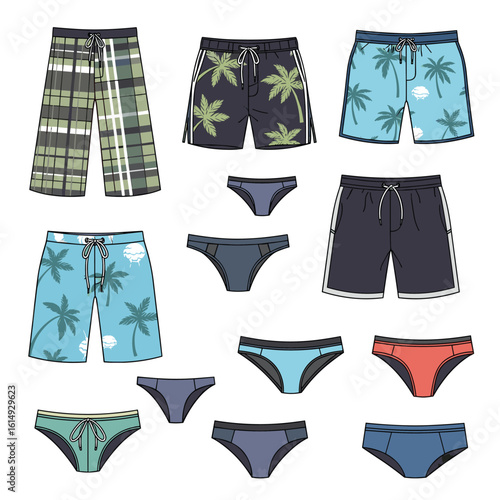 Collection of men's swimwear and underwear styles featuring diverse patterns and colors for summer beach wear options