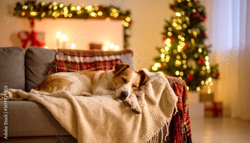 A dog rests peacefully on a couch, a Christmas scene in the background