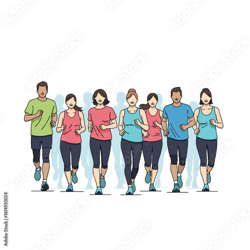 Diverse group of people running together as a team for fitness and healthy lifestyle activities