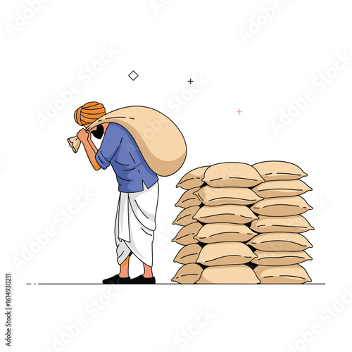 Farmer carrying sacks of grain to a stack of produce in a rural setting