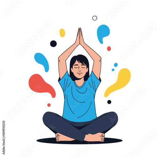 Person practicing yoga meditation with colorful abstract shapes floating around them in a peaceful setting