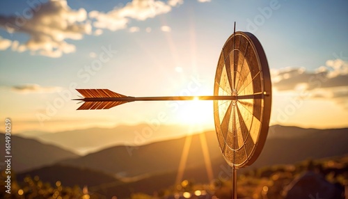 Arrow hitting a target illuminated by the setting sun over a blurred mountain range depicting success and achievement