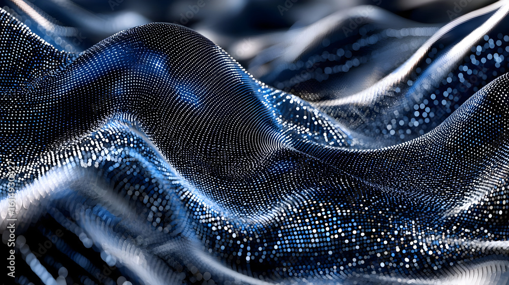 Naklejka premium Abstract digital wave pattern of dark blue and grey dots. Intricate, flowing, textured surface, suggesting data points or particles in motion