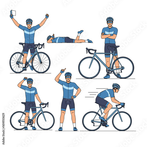 A professional cyclist demonstrates various poses and actions in a series of illustrations showcasing the sport of cycling and athleticism