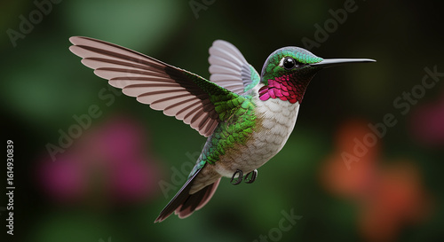 A tiny hummingbird in mid-flight, its iridescent ruby throat and green plumage captured in stunning detail against a soft garden bokeh.