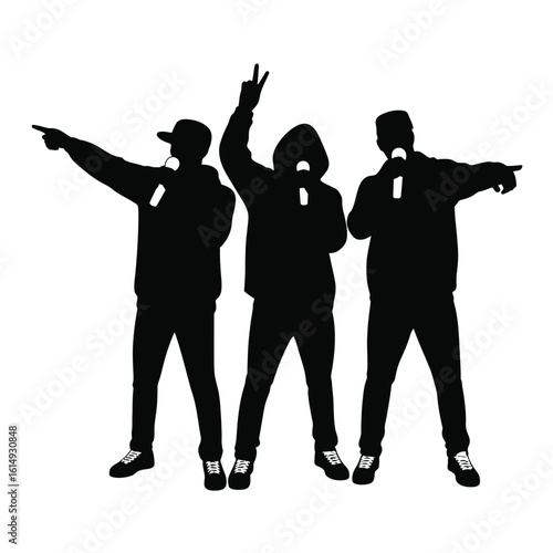 Silhouette of three rappers performing with microphones on a white background