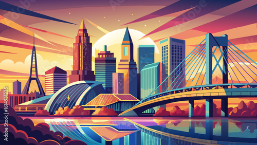The Tobin Bridge, Zakim Bridge and Boston skyline panorama at sunset glow beneath golden skies. Semi-realistic vector style captures reflections, graceful structures, and the city's vibrant energy.