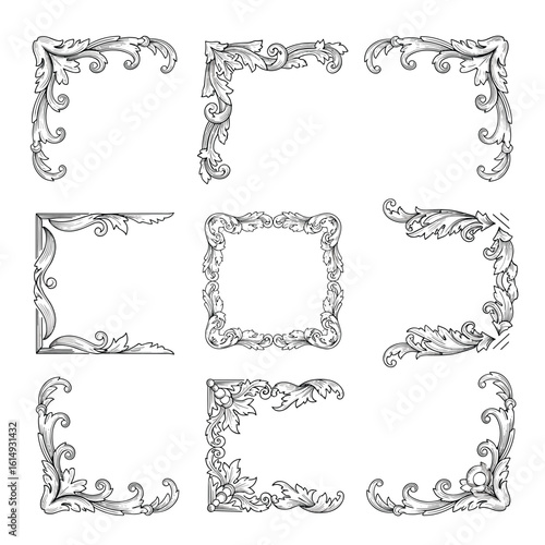 A collection of elegant ornate corner flourishes and decorative borders for creative design projects and artistic applications