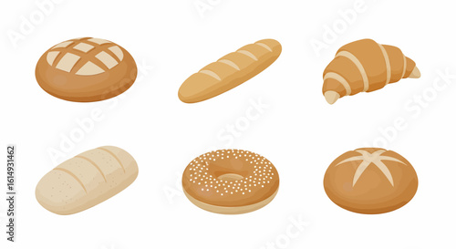 Collection of various baked goods, including bread, croissant, and bagel.