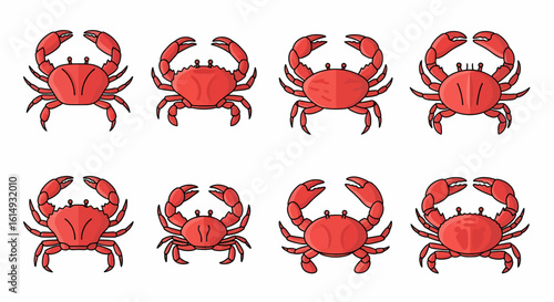 A collection of eight red cartoon crabs with raised claws on a clean white background.