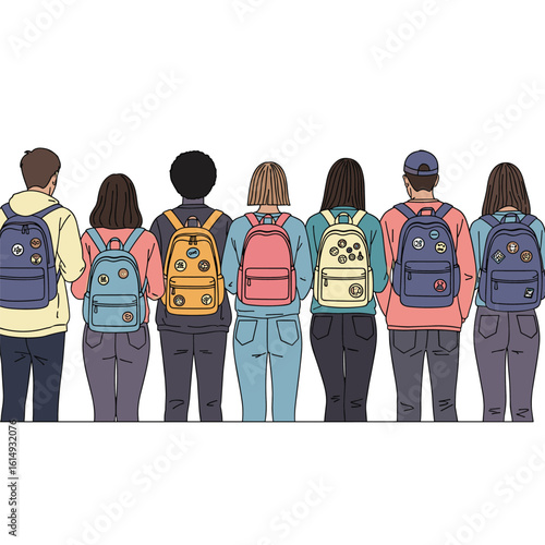 A diverse group of young people stand shoulder to shoulder facing away from the viewer all wearing backpacks with various colorful patches and pins