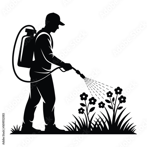 Silhouette of a man spraying flowers with pesticide or fertilizer