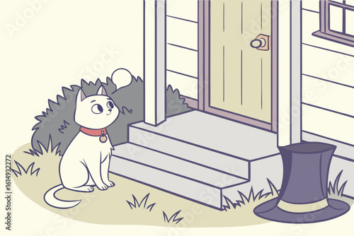 Adorable White Cat Sitting by the Door.