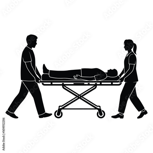 Medical personnel transporting patient on stretcher black and white vector illustration