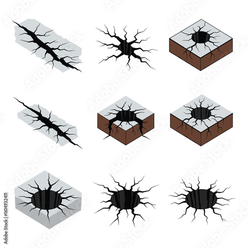 Collection of cracked ground surfaces and holes showing earth texture and impact damage