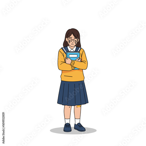 Sad young student holding a book looking down feeling unhappy and discouraged after exams or school day