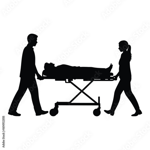 Medical team transporting patient on stretcher silhouette vector illustration
